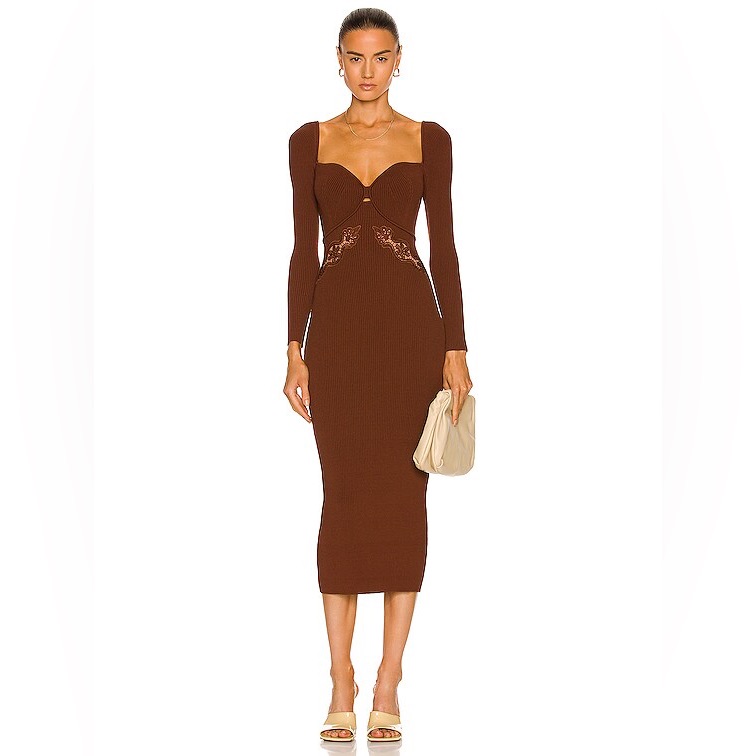 Self-Portrait Rib Knit Lace Applique Long Sleeve Midi Bodycon Dress- Nwt M